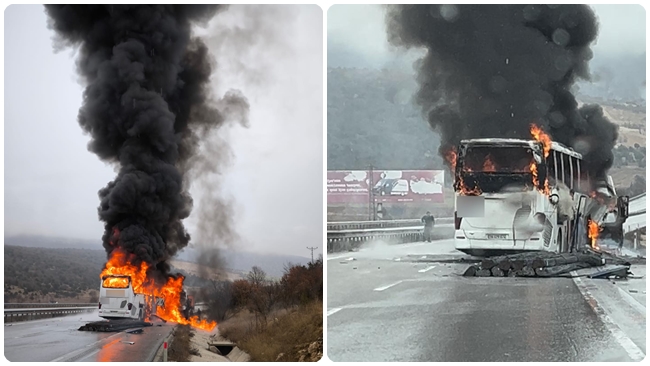 KAMYONA Ã‡ARPAN OTOBÃœS ALEV TOPUNA DÃ–NDÃœ