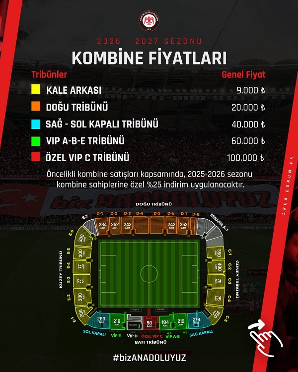 ARCA ÇORUM FK  2026-2027 SEZONU KOMBİNE SATIŞLARINI BAŞLATIYOR
