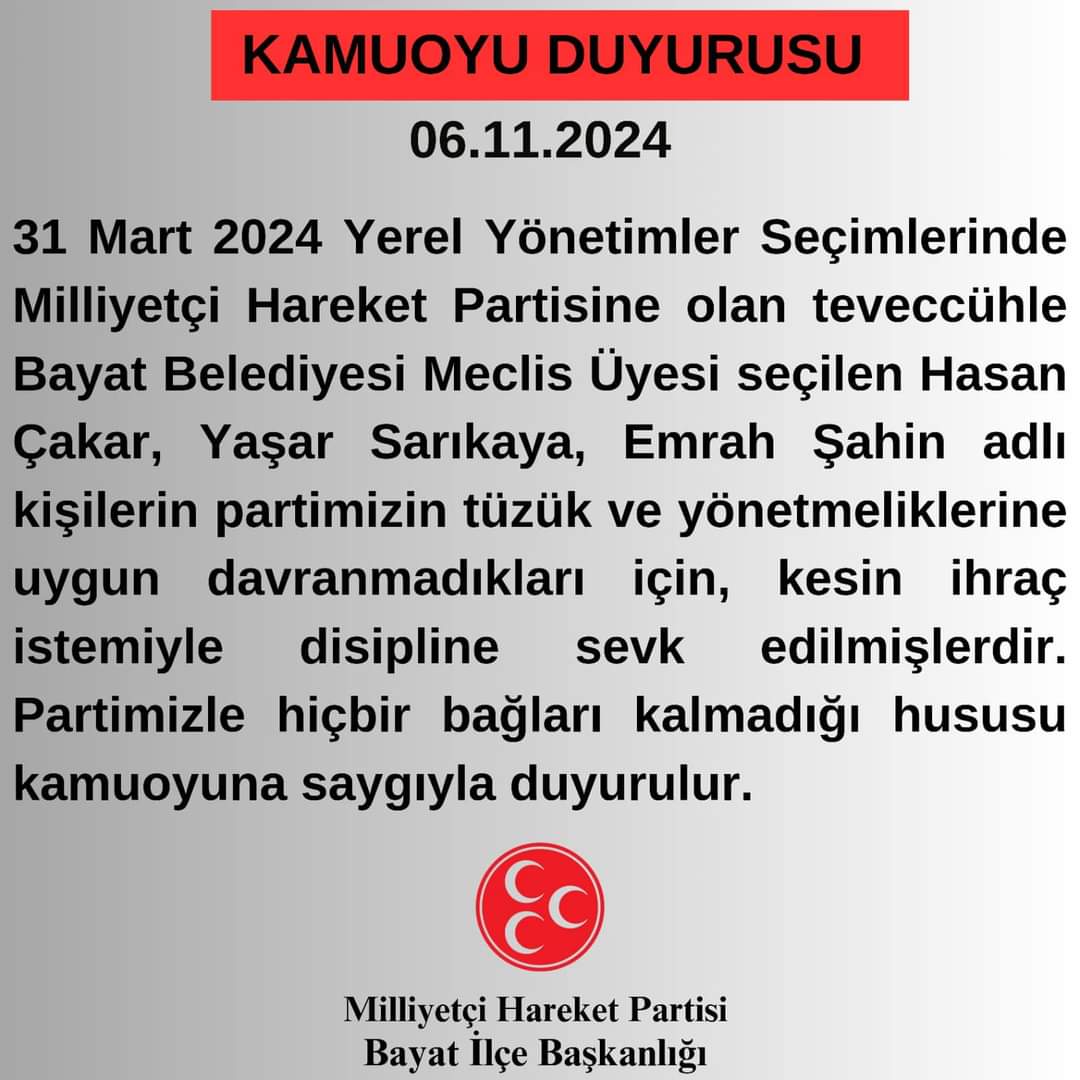 MHP'DE 3 Ä°SÄ°M KESÄ°N Ä°HRAÃ‡ Ä°STEMÄ°YLE DÄ°SÄ°PLÄ°NE SEVK EDÄ°LDÄ°